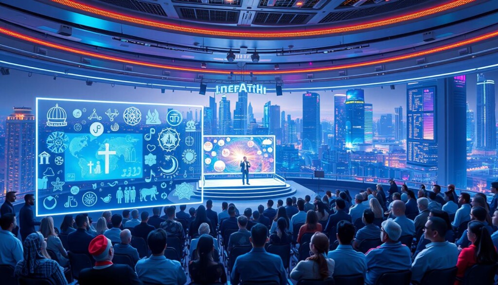 A futuristic scene of virtual events technology in action, showcasing vibrant and engaging interfaith interactions. In the foreground, a holographic presentation shimmers, displaying diverse religious symbols and imagery, captivating an audience of avatars from various backgrounds. The middle ground features a sleek, minimalist event space with dynamic lighting and projection screens, fostering a sense of unity and connection. In the background, a panoramic view of a bustling digital metropolis, where towering skyscrapers and glowing data streams reflect the cutting-edge nature of this virtual interfaith gathering. The overall atmosphere radiates a sense of innovation, collaboration, and the power of technology to bridge faiths and cultures.