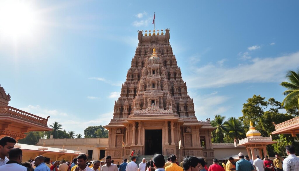 A grand Hindu temple stands tall, its intricate architecture a testament to the rich cultural heritage. Sunlight filters through the ornate spires, casting a warm glow upon the towering structure. In the foreground, devotees engage in rituals, their reverence palpable. The temple's ornate carvings and murals depict the stories of the divine, inviting visitors to connect with the spiritual essence. In the background, lush greenery and a serene atmosphere create a sense of tranquility, amplifying the temple's significance as a hub of cultural and religious importance within the local community.