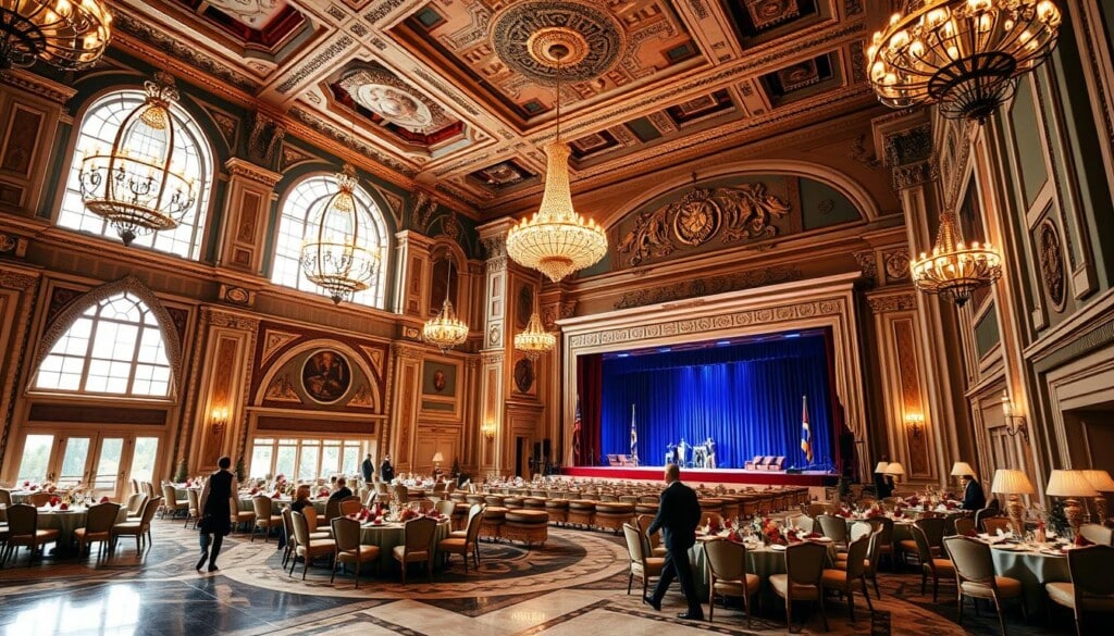 A grand banquet hall with intricate architectural details, featuring ornate chandeliers casting a warm glow over the elegant furnishings. Marble floors and high ceilings create a sense of grandeur, while large windows allow natural light to pour in, illuminating the rich fabrics and plush seating arrangements. The stage is adorned with intricate moldings and a dramatic backdrop, ready to host keynote speakers or musical performances. Servers move gracefully through the space, offering hors d'oeuvres and refreshments to the discerning guests. The overall atmosphere exudes sophistication and timeless charm, perfect for hosting unforgettable events.