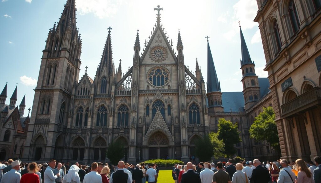 A grand cathedral facade emerges, a symphony of architectural styles - Romanesque arches, Gothic spires, and ornate Renaissance flourishes. Sunlight dances across the intricate stonework, casting dynamic shadows that accentuate the depth and complexity of the design. In the foreground, worshippers gather, their robes and expressions conveying a sense of reverence and wonder. The middle ground features a lush, verdant landscape, while the distant horizon is dotted with the silhouettes of other historic churches, each one a unique testament to the evolution of religious architecture across America. The overall scene radiates a timeless, awe-inspiring atmosphere, capturing the essence of the nation's rich church design heritage.