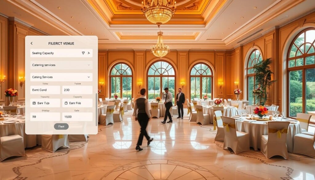 A grand, elegantly appointed banquet hall with high ceilings and pristine marble floors. Rows of round dining tables draped in crisp white linens, each adorned with a centerpiece of fresh flowers. Warm, golden lighting casts a soft glow, creating an inviting ambiance. In the foreground, a touchscreen interface allows guests to filter and select from a variety of venue options, adjusting details like seating capacity, catering services, and event duration. The middle ground features smartly dressed wait staff, moving effortlessly between tables. In the background, large arched windows offer breathtaking views of a lush, manicured garden. This versatile, high-end event space exudes an air of refinement and exclusivity.