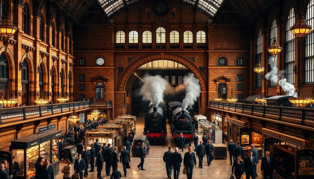 A grand, imposing railway station in the early 20th century style, with a towering facade, arched windows, and intricate masonry details. The foreground features a bustling concourse filled with well-dressed passengers, porters, and vendors, conveying a sense of energy and activity. The middle ground showcases the ornate ticket hall and waiting areas, with ornate chandeliers and polished marble floors. In the background, a steam locomotive emerges from the train shed, its billowing smoke adding to the atmospheric setting. Warm, golden lighting casts a timeless, nostalgic ambiance over the entire scene, capturing the grandeur and elegance of a bygone era of rail travel.