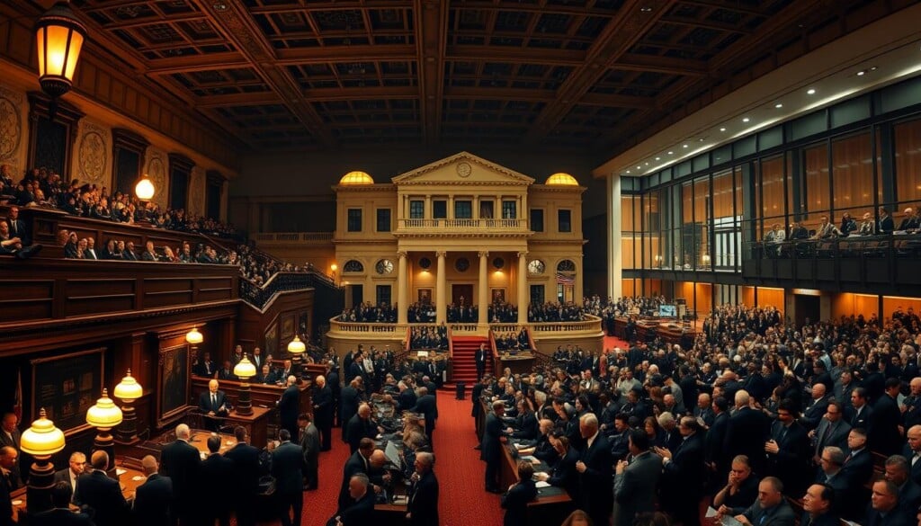 A grand-scale panoramic scene depicting the evolution of auction houses in the United States across the eras. In the foreground, a bustling 19th-century auction hall with well-dressed patrons, gas lamps, and an auctioneer presiding over a lively bidding process. In the middle ground, a stately early 20th-century auction house with Neoclassical architecture and a throng of elegantly attired attendees. In the background, a modernistic contemporary auction facility with clean lines, large windows, and a technologically-savvy auction environment. The lighting is warm and inviting, capturing the timeless allure and cultural significance of these iconic American institutions. The perspective is slightly elevated, allowing for a sweeping vista that conveys the history and grandeur of the auction house tradition.