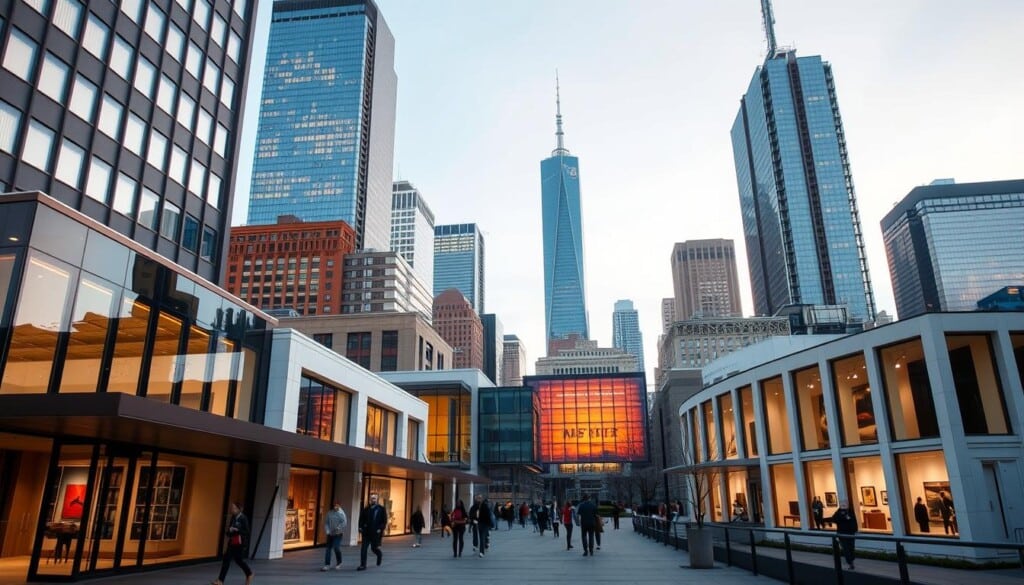 A grand, sweeping cityscape featuring the iconic silhouettes of skyscrapers in the background, their windows gleaming under warm, golden lighting. In the foreground, a series of modern, architecturally distinctive art galleries, their facades adorned with large windows and clean, minimalist designs. People stroll along the sidewalks, pausing to admire the artwork on display. The scene exudes a sense of cultural vibrancy and artistic energy, inviting the viewer to explore the top art galleries in these major US cities.