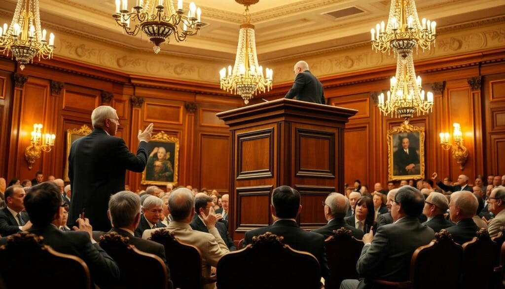 A grand wooden auction podium stands tall, illuminated by warm, directional lighting. On the podium, an auctioneer gestures enthusiastically, capturing the attention of a crowd of bidders seated in ornate, antique chairs. The bidders lean forward, pens in hand, ready to make their bids. The auction room is adorned with rich, mahogany paneling and intricate chandeliers, creating an atmosphere of exclusivity and high-stakes competition. The scene conveys the thrill and strategy of auction bidding, with each participant eager to secure their rare find or great deal.
