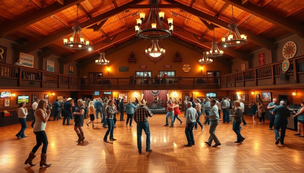 A grandiose country-style dance hall, with a vast wooden dance floor and a high-vaulted ceiling adorned with rustic chandeliers. Warm lighting casts a golden glow, illuminating the crowd of lively dancers clad in cowboy boots and western wear, swaying to the rhythmic twang of a live country band on stage. The walls are lined with vintage posters and neon signs, creating a nostalgic, Americana-inspired ambiance. In the background, a wraparound balcony overlooks the scene, offering a bird's-eye view of the vibrant, foot-stomping revelry below. The entire space exudes a sense of timeless charm and authentic country flair.