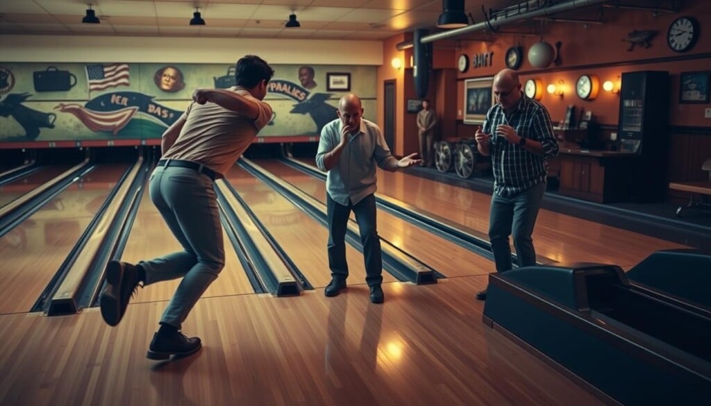 A group of bowlers demonstrating essential techniques on a vintage-style bowling alley. In the foreground, a player is mid-throw, their form captured in a dynamic action pose against a backdrop of glossy wooden lanes and sturdy, classic bowling shoes. In the middle ground, two other players are intently analyzing their stance and grip, faces intense with concentration. The background features a warm, atmospheric lighting, casting a soft glow over the scene, with classic bowling equipment and decor lining the walls. The overall mood is one of focused determination, classic Americana, and the timeless pursuit of bowling mastery.