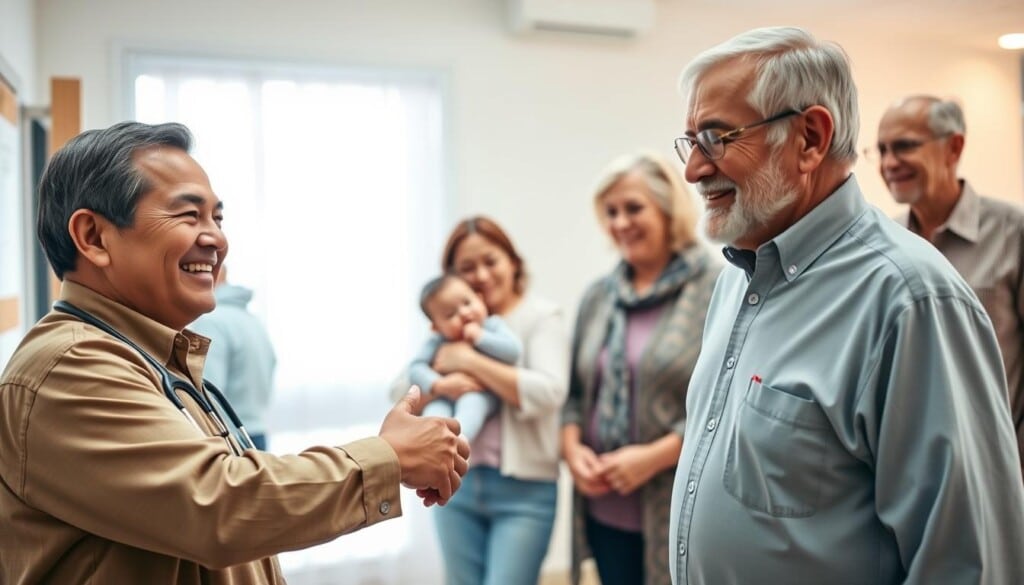 A group of diverse individuals, each with a unique story of how our family practice's comprehensive care had a positive impact on their lives. In the foreground, a middle-aged man with a warm smile, shaking hands with a physician in a clean, well-lit examination room. In the middle ground, a young mother cradling a healthy infant, surrounded by a soothing, pastel-colored environment. In the background, an elderly couple walking hand-in-hand, exuding a sense of contentment and trust. The lighting is soft and natural, creating a welcoming atmosphere that conveys the practice's commitment to holistic, personalized healthcare. The overall mood is one of hope, gratitude, and the transformative power of exceptional patient experiences.