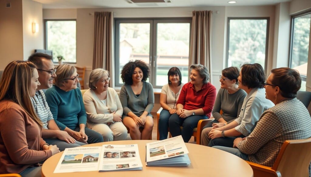 A group of diverse individuals gathered in a well-lit community center, engaged in discussion and sharing experiences. Warm lighting casts a welcoming glow, while soft, muted colors create a calming atmosphere. In the foreground, a mix of people with various abilities sit in a circle, their faces animated as they listen and support one another. In the middle ground, informational brochures and resource materials are neatly displayed on a table, signifying the availability of information and guidance. The background features a large window overlooking a vibrant outdoor scene, symbolizing the connection between the support group and the local community.