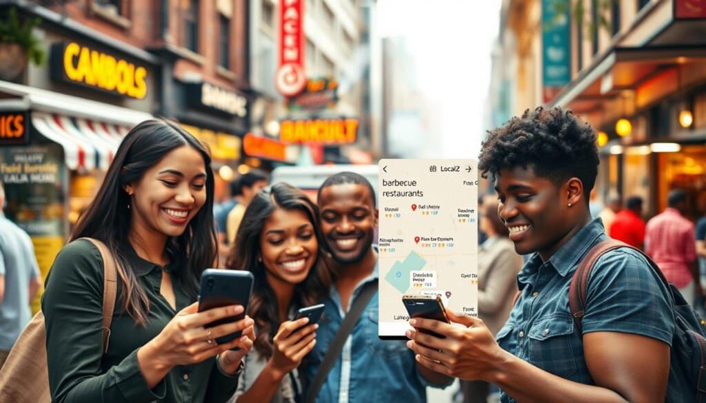 A group of diverse people using a smartphone app called "LocalZ" to find and explore highly-rated barbecue restaurants in their local area. The foreground shows a friendly, welcoming interaction between the app users, with a warm, natural lighting. The middle ground features an illustrated map highlighting various barbecue restaurant locations, while the background showcases a vibrant, lively city street with food trucks, diners, and the aroma of smoke and spices in the air, creating an inviting atmosphere for barbecue enthusiasts.
