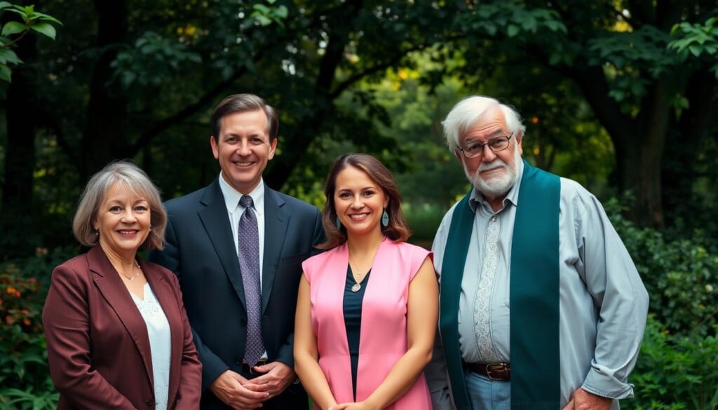 A group of diverse, professional-looking officiants standing in a peaceful, natural setting. The foreground features three individuals in formal attire - a middle-aged man, a young woman, and an elderly gentleman - all with warm, welcoming expressions. The middle ground showcases a lush, verdant backdrop of trees and greenery, creating a serene, tranquil atmosphere. The lighting is soft and natural, casting a gentle glow on the officiants. The camera angle is slightly elevated, providing a slightly bird's-eye view of the scene, emphasizing the sense of community and togetherness among the officiants.