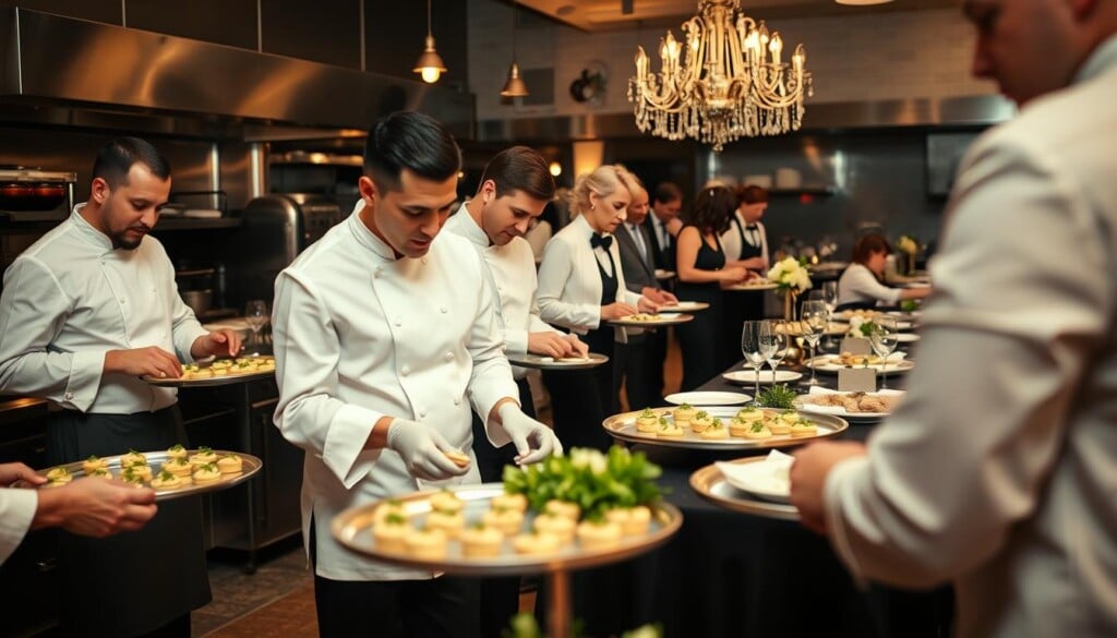 A group of event caterers planning and preparing a high-end catering spread for a formal gala. In the foreground, chefs in crisp white uniforms are arranging delicate hors d'oeuvres on silver platters, their focused expressions captured in a shallow depth of field. In the middle ground, servers in black and white attire are meticulously setting up tables with fine china, crystal glassware, and elegant floral centerpieces. The background features a well-equipped commercial kitchen, with stainless steel appliances, hanging pots and pans, and the bustle of catering staff. Soft, warm lighting casts a sophisticated ambiance, while a sense of precision and professionalism permeates the scene.