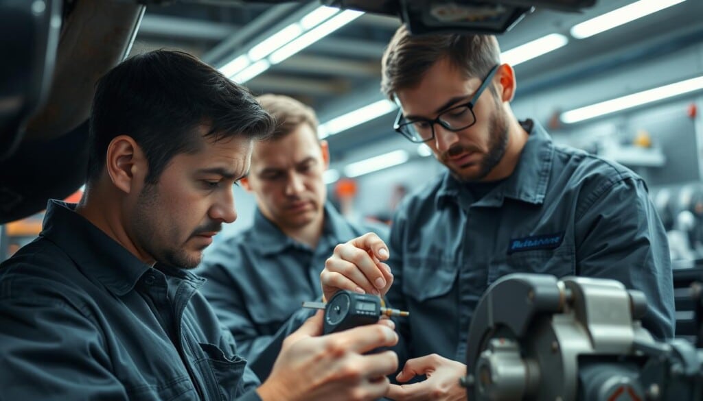 A group of experienced brake technicians, dressed in coveralls, intently examining the components of a vehicle's braking system under the soft glow of overhead task lighting. In the foreground, one technician carefully inspects a brake caliper, a look of deep concentration on their face. In the middle ground, another technician meticulously measures the thickness of a brake pad using a caliper. The background showcases the organized chaos of a well-equipped automotive repair shop, with tools and equipment neatly arranged, conveying a sense of professionalism and expertise.