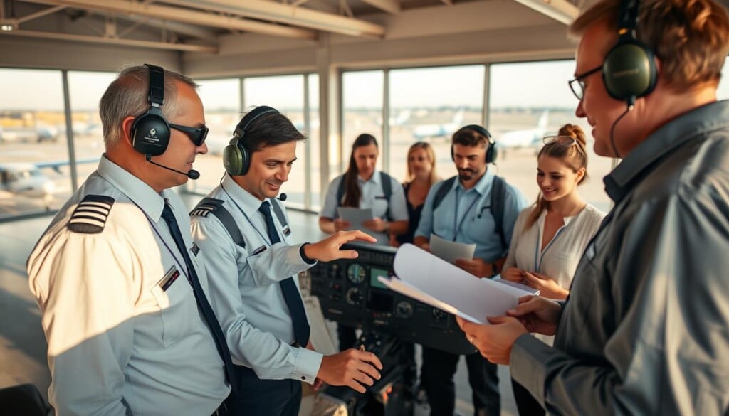 A group of experienced flight instructors demonstrating techniques in a well-equipped flight training facility. The foreground features two pilots wearing professional aviation attire, one explaining a flight instrument panel to a student. In the middle ground, other students observe, taking notes. The background shows large windows overlooking a tarmac with various aircraft. The lighting is warm and natural, creating a professional yet inviting atmosphere. The camera angle is slightly elevated, capturing the instructors' expertise and the students' engaged attention. The overall scene conveys the importance of knowledgeable guidance in mastering the art of flight.