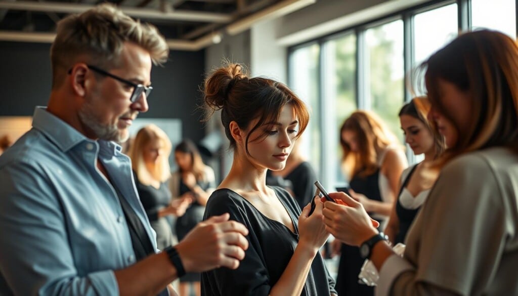 A group of experienced hairdressers standing in a modern salon, natural lighting filtering through large windows, casting a warm glow on their faces. In the foreground, a stylist carefully trims a client's hair, while others in the background prepare for the next appointment, tending to their tools and products. The atmosphere is tranquil and professional, conveying the expertise and attention to detail that define the skilled hair stylists.