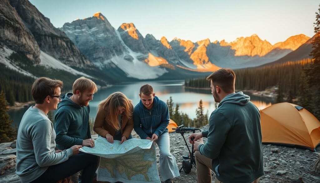 A group of friends gathered around a picturesque lake, planning their upcoming outdoor adventure. In the foreground, they pore over a map, discussing potential hiking trails and scenic viewpoints. In the middle ground, a cozy campsite comes into view, with tents and supplies ready for their journey. The background showcases the stunning natural landscape, with towering mountains, lush forests, and a serene body of water reflecting the warm, golden light of the setting sun. The mood is one of excitement and anticipation, as the friends eagerly prepare for their immersive exploration of the lake's captivating beauty.