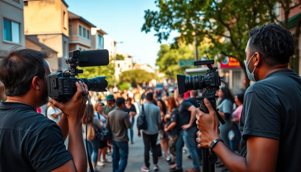 A group of local videographers capturing the vibrant essence of their community. In the foreground, two videographers collaborate, their cameras poised to frame the action. Midground, a diverse array of individuals engage in various activities, from a street performer showcasing their talent to neighbors gathered for a lively event. The background reveals the bustling urban landscape, with buildings, trees, and a hint of the blue sky above, creating a sense of depth and context. Soft, natural lighting bathes the scene, capturing the warmth and authenticity of the local community. The overall atmosphere exudes a sense of collaboration, creativity, and a shared commitment to documenting and celebrating the neighborhood's unique character.