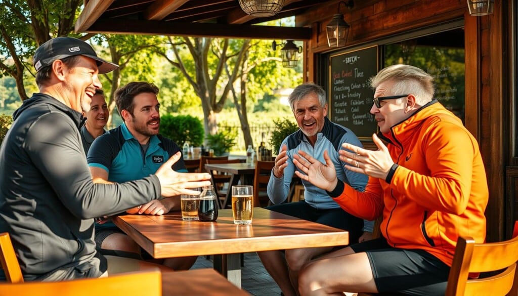 A group of passionate local experts enthusiastically discussing cycling routes and tips in a cozy outdoor cafe setting. Warm natural lighting filters through the trees, casting a golden glow on their faces as they lean in, gesturing animatedly. The cafe's rustic wooden tables and chairs create an inviting, casual atmosphere, with a chalkboard menu board visible in the background. The experts, clad in active wear, exude an air of expertise and friendly approachability, capturing the spirit of engaging with knowledgeable locals to enhance a cycling adventure.