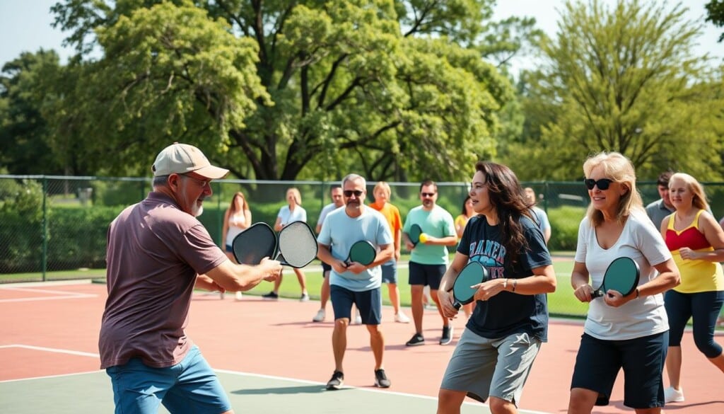 A group of passionate pickleball enthusiasts gathered at a vibrant public court, their energetic movements and competitive spirits palpable. In the foreground, three seasoned players demonstrate intricate techniques, their rackets cutting through the air with precision. In the middle ground, a mix of seasoned veterans and eager newcomers rally back and forth, their faces alight with determination. The background features a lush, verdant park setting, with trees swaying gently in the breeze, creating a serene and welcoming atmosphere for this thriving pickleball community.
