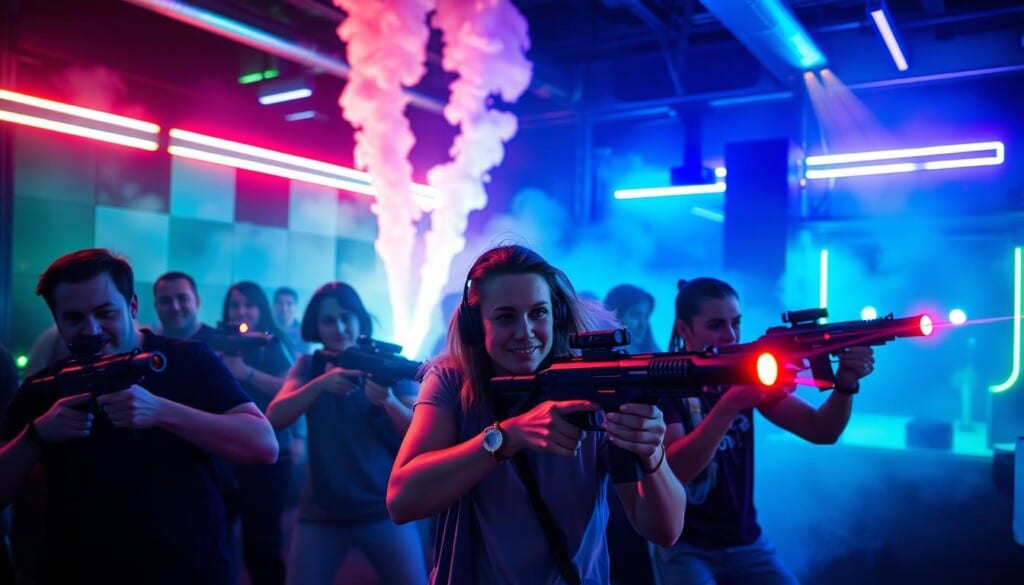 A group of people enthusiastically engaged in a fast-paced laser tag game, highlighted by vibrant neon lighting, smoke machines, and dynamic camera angles that capture the thrill and adrenaline of the experience. The foreground features players wielding their laser guns, their faces filled with concentration and determination, while the middle ground showcases the arena's futuristic, sci-fi-inspired environment, complete with obstacles and targets. The background sets the mood with a moody, atmospheric lighting that enhances the sense of excitement and immersion, creating a visually stunning and captivating scene that showcases the benefits of laser tag.