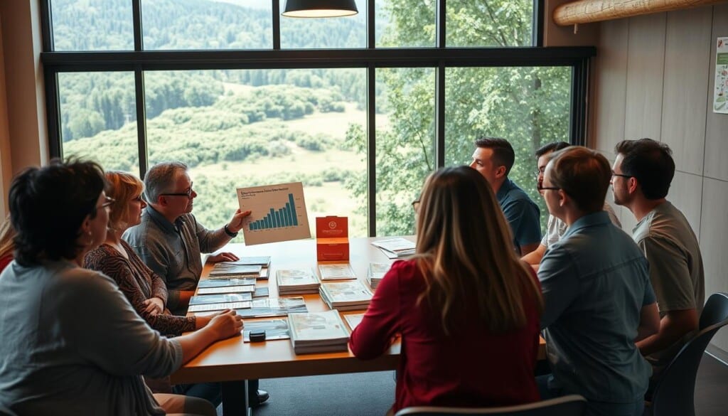 A group of people gathered around a table, engaging in a lively discussion about environmental conservation. In the foreground, a person is presenting a graph or chart to the others, highlighting the impact of their fundraising efforts. The middle ground features an array of brochures, donation boxes, and other materials related to their campaign. In the background, a large window overlooks a lush, green landscape, symbolizing the natural world they strive to protect. The lighting is warm and inviting, casting a soft glow over the scene, conveying a sense of purpose and collaboration. The overall mood is one of determination and optimism as the team works to secure the necessary funds to support their environmental initiatives.