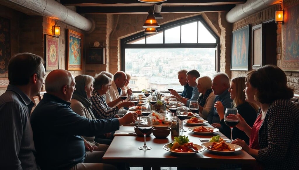 A group of people gathered in a warm, inviting Basque restaurant, engaged in lively conversation and sharing a meal. In the foreground, friends and families sit around a long, communal table, passing plates of traditional Basque cuisine and glasses of rich, red wine. The middle ground features the restaurant's cozy, rustic interior, with exposed beams, terracotta tiles, and vibrant tapestries adorning the walls. In the background, a large window offers a glimpse of the bustling city outside, reinforcing the sense of community within the restaurant. The lighting is soft and inviting, casting a golden glow over the scene and creating an atmosphere of conviviality and shared experience.