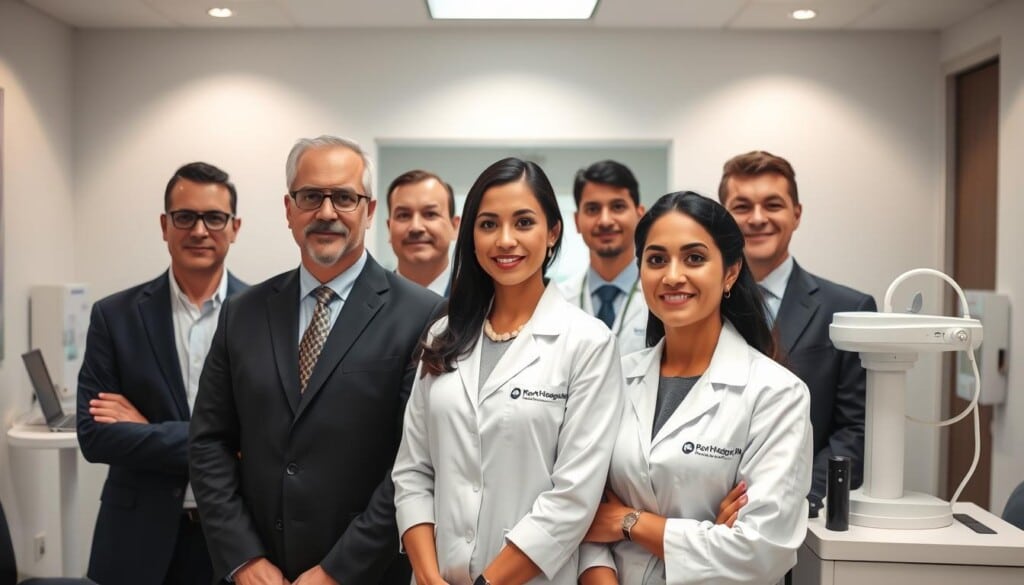 A group of professional audiologists, expertly dressed in formal attire, standing together in a modern, well-lit clinic. The foreground features their focused expressions and attentive body language, conveying a sense of competence and care. The middle ground showcases state-of-the-art hearing aid devices and diagnostic equipment, highlighting their technical expertise. The background depicts a serene, minimalist interior design with clean lines and soothing neutrals, creating a calming and trustworthy atmosphere. Soft, directional lighting illuminates the scene, casting subtle shadows and accentuating the audiologists' features. The overall composition radiates an aura of authority, professionalism, and a dedication to providing top-tier hearing healthcare.