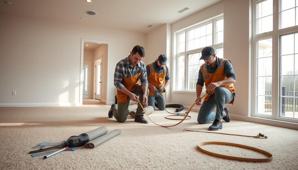 A group of professional carpet installers, dressed in work attire, carefully measuring and inspecting a room before laying down high-quality carpeting. The scene is set in a well-lit, spacious residential space, with natural light streaming in through large windows. The installers are focused and efficient, using specialized tools and techniques to ensure a flawless installation. The atmosphere conveys a sense of expertise and attention to detail, reflecting the care and dedication required for a successful carpeting project. The overall composition emphasizes the skill and craftsmanship of the qualified professionals, ready to transform a space with exceptional carpeting.
