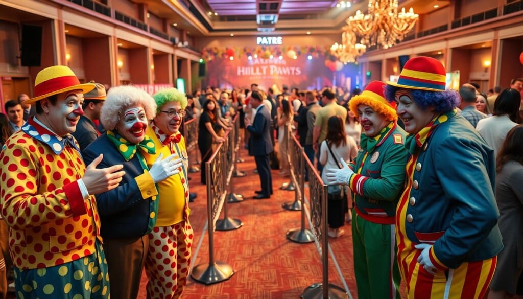 A group of professional clowns in colorful, whimsical attire performing safety checks and crowd management at a lively event. The clowns are positioned in the foreground, engaging attendees with silly gestures and friendly expressions, while maintaining a watchful eye on the crowd. The middle ground features a well-organized event space with tidy pathways, thoughtfully placed barricades, and attentive staff. In the background, a vibrant and festive atmosphere is set with decorations, music, and a joyful crowd of partygoers. Warm, diffused lighting casts a celebratory glow, capturing the clowns' playful yet responsible demeanor as they ensure the safety and comfort of all in attendance.