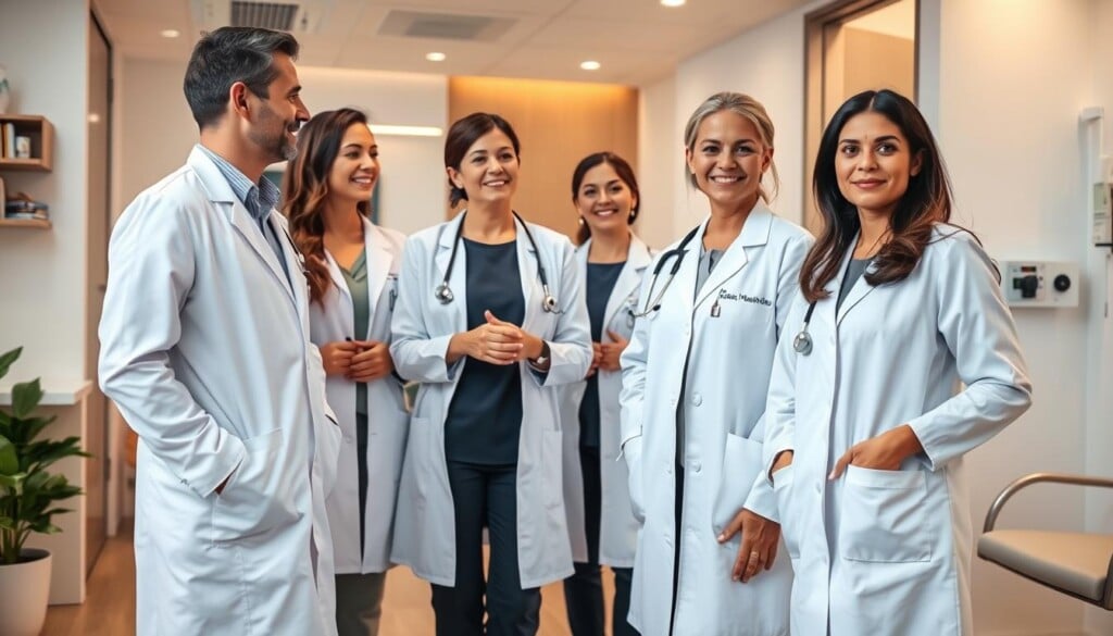 A group of professional, compassionate gynecologists standing in a modern, well-equipped medical office. The doctors, dressed in crisp white coats, exude a sense of expertise and care as they converse with patients. The office features sleek, minimalist decor with warm lighting, creating a comfortable and welcoming atmosphere. The composition emphasizes the doctors' approachable demeanor and the clinic's high-quality facilities, conveying the benefits of visiting a local gynecologist for comprehensive women's healthcare.