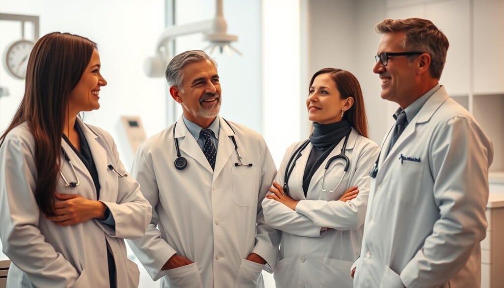 A group of professional orthopedic doctors, dressed in white coats, standing in a bright, modern medical clinic. The doctors have a confident, reassuring demeanor, and are engaged in thoughtful discussion, their body language suggesting expertise and compassion. Warm, soft lighting illuminates their faces, creating a sense of care and approachability. The background features sleek, minimalist medical equipment and decor, conveying a clean, advanced, and state-of-the-art facility. The overall scene evokes a sense of trust, competence, and the ideal environment for patients seeking top-notch orthopedic care.