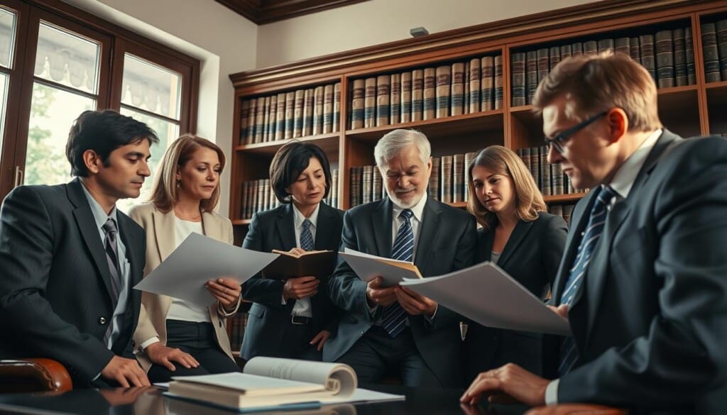 A group of professional probate attorneys gathered in a cozy law office, engaged in thoughtful discussion. Soft natural light filters through large windows, illuminating their serious expressions as they review legal documents and consult with clients. In the background, bookshelves lined with leather-bound tomes hint at their deep expertise. The scene conveys an atmosphere of trust, competence, and a commitment to providing specialized probate guidance to the local community. A wide-angle lens captures the scene, allowing the viewer to fully immerse themselves in the world of these local probate law experts.