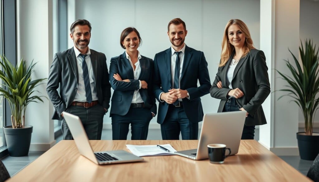A group of professional real estate brokers standing confidently in a modern, well-lit office setting. The brokers are dressed in stylish business attire, exuding an air of expertise and trustworthiness. The foreground features three brokers engaged in a friendly discussion, their expressions conveying a sense of warmth and approachability. The middle ground showcases a sleek, minimalist desk setup with a laptop, documents, and a cup of coffee, suggesting a productive and efficient work environment. The background is softly blurred, highlighting the focus on the brokers themselves. The overall tone is one of professionalism, competence, and a commitment to providing excellent real estate services.