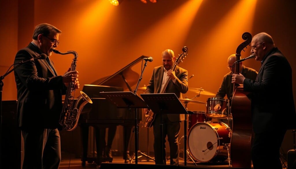 A group of renowned jazz musicians performing on a dimly lit stage, with warm lighting casting a golden glow on their faces. In the foreground, a saxophonist and a trumpeter engage in a spirited improvisation, their bodies swaying with the rhythm. In the middle ground, a pianist and a bassist provide a solid foundation, their fingers dancing across the keys and strings. In the background, a drummer keeps a steady beat, the cymbals shimmering and the snare drum punctuating the melody. The scene exudes a sense of energy, passion, and the timeless essence of jazz.