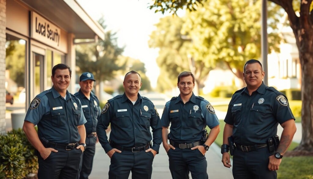 A group of security personnel standing in front of a local security company's office, its facade featuring the company's logo and signage. The scene is captured in a warm, inviting lighting, with the security officers dressed in professional attire, exuding a sense of competence and reliability. In the background, a well-maintained suburban street with lush greenery and clean sidewalks sets the scene of a thriving local community. The overall impression conveys the importance of trusted, community-oriented security solutions.