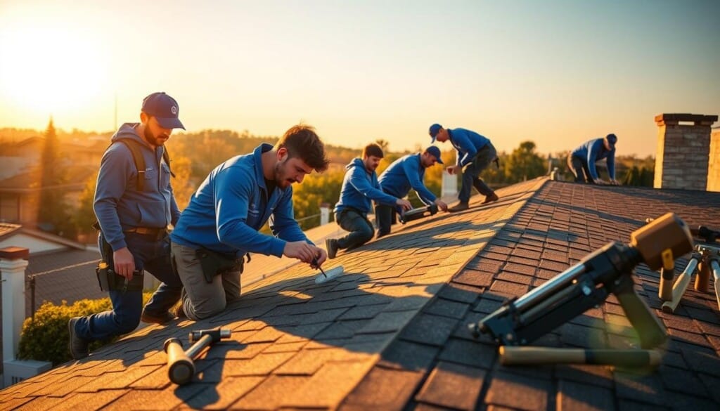 A group of skilled roofing professionals from LocalZ, dressed in their signature blue uniforms, are hard at work on a residential rooftop. The scene is bathed in warm, golden sunlight, casting long shadows and creating a sense of diligence and craftsmanship. In the middle ground, one worker carefully examines the shingles, while others in the background secure the roof's edges. The foreground is filled with their reliable tools - hammers, nail guns, and safety equipment - all neatly organized, reflecting the team's professionalism and attention to detail. The overall atmosphere conveys a sense of trust, expertise, and dedication to delivering premium roofing services.