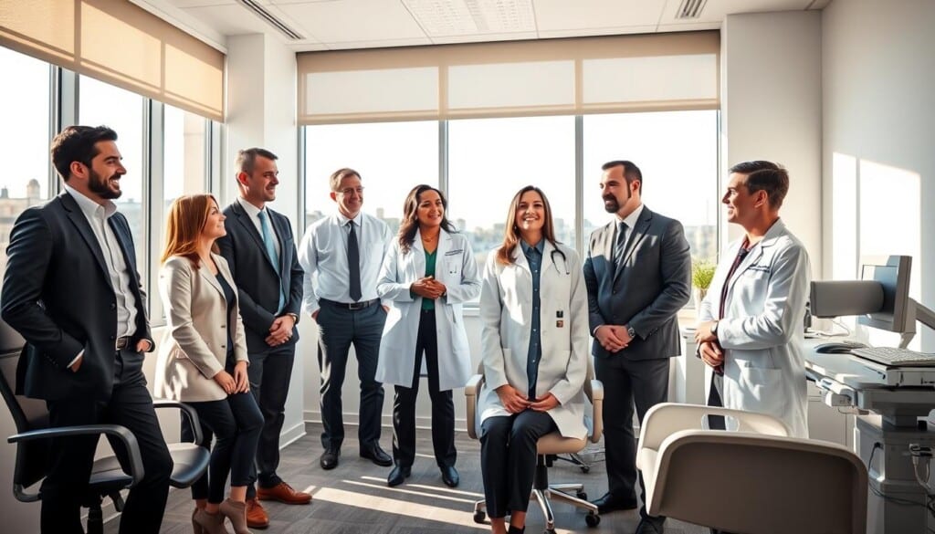 A group of top-rated audiologists in a modern medical office, bathed in warm, natural lighting from large windows. They are dressed professionally, standing or sitting and engaged in animated discussions, their faces expressing expertise and empathy. The office interior features sleek, minimalist decor with ergonomic furniture and state-of-the-art diagnostic equipment. The scene conveys a sense of authority, approachability and a commitment to patient-centric care.