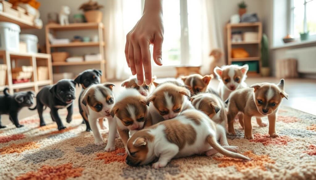A group of young puppies and kittens playing together in a cozy, well-lit indoor setting. The animals are interacting happily, nuzzling, chasing, and tumbling over each other on a plush, colorful rug. In the middle ground, a human hand gently guides and encourages the socialization, while the background features shelves of pet supplies and a large window that fills the room with warm, natural light. The overall scene conveys a sense of safety, nurturing, and the importance of early socialization for a pet's healthy development.