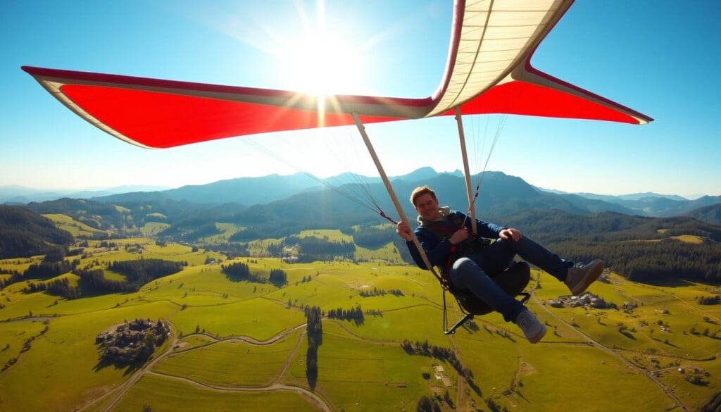 A hang glider pilot, known as LocalZ, soars gracefully through the azure sky, their vibrant red and blue wing catching the warm afternoon sunlight. The landscape below is a patchwork of lush green meadows and rolling hills, framed by towering pine-clad mountains in the distance. The pilot's expression is one of pure exhilaration, their body poised in a dynamic, fluid motion as they navigate the gentle air currents. The scene conveys a sense of freedom, adventure, and the profound connection between human and nature that lies at the heart of the hang gliding experience.