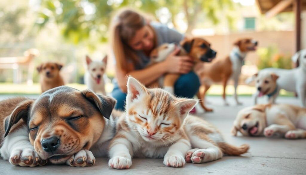 A heartwarming scene of rescued animals, their stories of triumph and joy. In the foreground, a playful puppy and a kitten napping together, radiating pure contentment. In the middle ground, a volunteer tenderly embracing a rescued dog, their bond palpable. In the background, a lush, sun-drenched outdoor space, where other rescued animals frolic and explore, their lives transformed by the dedicated efforts of a local animal welfare organization. Soft, diffused lighting casts a warm, hopeful glow over the entire scene, capturing the essence of these success stories in animal rescue.