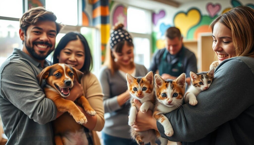 A heartwarming scene of rescued pets finding their forever homes in a vibrant local animal shelter. In the foreground, a cheerful family embraces a playful puppy, their faces beaming with joy. In the middle ground, volunteers tenderly care for a litter of kittens, their soft fur and warm gazes radiating contentment. The background depicts the shelter's vibrant interior, with colorful murals and natural light streaming through large windows, creating an inviting and nurturing atmosphere. The lighting is soft and diffused, highlighting the connection between the humans and animals. The camera angle is slightly elevated, giving a sense of warmth and positivity, capturing the success stories of this community-driven sanctuary.