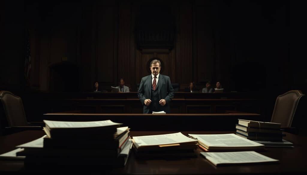 A high-contrast courtroom scene, with a lone defense attorney standing confidently before the judge's bench. Dramatic side lighting casts dramatic shadows, emphasizing the intensity of the moment. In the foreground, law books and files are scattered across the table, hinting at the depth of legal research and strategy employed. In the background, the jury box is obscured in shadow, creating a sense of tension and uncertainty. The atmosphere is serious and focused, reflecting the gravity of the criminal case at hand and the critical importance of the defense strategies being employed.