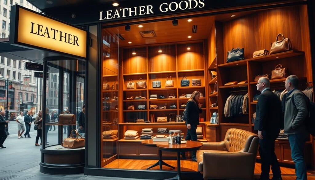A high-end leather goods store in a bustling city, with a warm, inviting atmosphere. The storefront is adorned with elegant signage and large display windows showcasing a curated selection of premium leather bags, wallets, and accessories. Inside, the store features rich hardwood floors, plush leather seating, and soft, indirect lighting that creates a luxurious ambiance. Customers are greeted by knowledgeable and attentive staff, ready to assist in finding the perfect leather goods. The overall scene conveys a sense of quality, craftsmanship, and exceptional customer service, catering to discerning individuals seeking the finest leather products.
