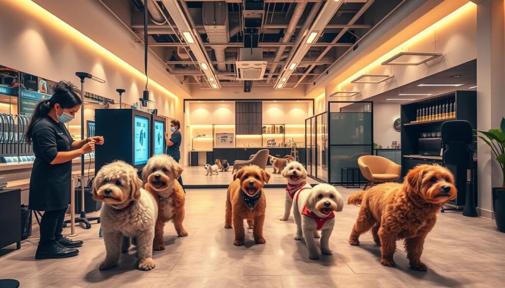 A high-end pet services establishment nestled in a vibrant urban setting. In the foreground, a team of attentive groomers expertly tending to the needs of well-groomed canine clients, their coats shimmering under the warm, soft lighting. The middle ground showcases a modern, spacious play area where pampered pups frolic joyfully, surrounded by state-of-the-art amenities. In the background, a cozy lounge area invites pet owners to relax while their companions are cared for, the atmosphere exuding a sense of luxury and indulgence. Sleek, contemporary design elements accentuate the premium quality of the services on offer, creating an inviting and aspirational scene of top-tier pet pampering.
