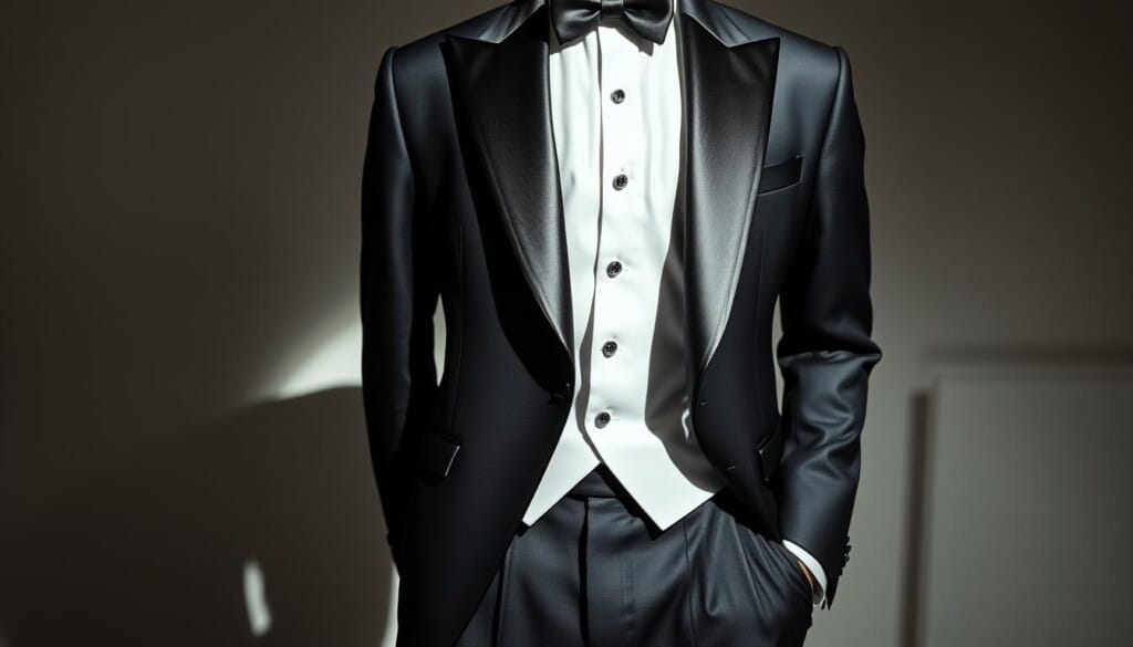 A high-end tuxedo displayed in a sophisticated, well-lit studio setting. The tailored jacket features a sleek, midnight-black satin lapel that flows into a crisp, pristine white shirt. The trousers have a sharp crease and a subtle sheen. The ensemble is accented by a classic black bowtie, neatly tied. The lighting casts dramatic shadows, emphasizing the refined silhouette and luxurious textures. The camera angle is slightly elevated, giving a sense of prestige and quality. The background is a simple, neutral tone that allows the tuxedo to take center stage, showcasing its timeless elegance and impeccable craftsmanship.