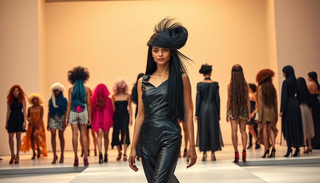 A high-fashion runway showcasing the latest wig trends. In the foreground, a model struts confidently, wearing a sleek, jet-black wig with a dramatic, architectural shape. The middle ground features a diverse array of models, each sporting a unique wig style - from vibrant, colorful wigs to intricate, braided coiffures. The background is a minimalist, well-lit stage, casting a warm, golden glow that accentuates the dynamic movement and textures of the wigs. The overall scene conveys a sense of high-end glamour, innovation, and the transformative power of wig fashion.