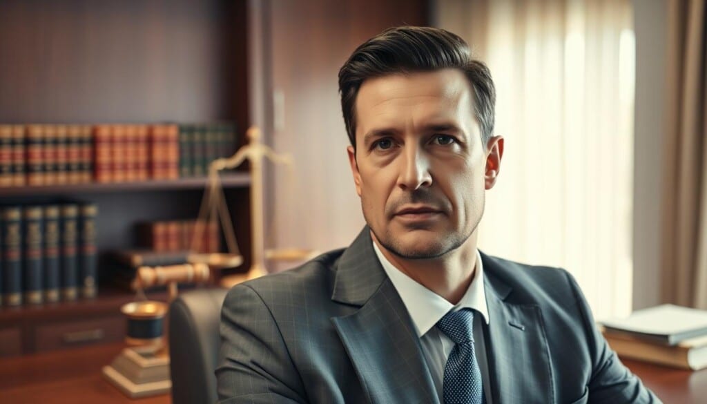 A high-powered, well-lit office setting with a sturdy wooden desk, leather-bound books, and a distinguished-looking attorney in a sharp suit, exuding confidence and expertise. In the background, a scale of justice and a gavel symbolize the legal prowess. Soft, warm lighting creates an air of professionalism and authority. The attorney's gaze is direct, conveying their unwavering commitment to client advocacy and legal acumen. This image embodies the top qualities of a great divorce attorney: expertise, integrity, and a relentless pursuit of justice.