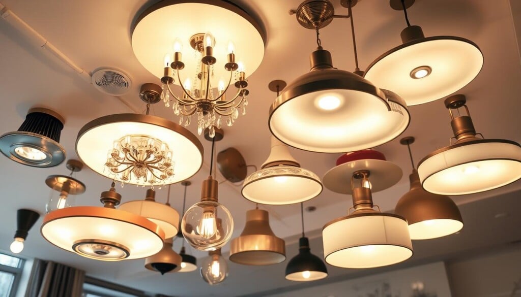 A high-quality assortment of premium lighting fixtures, showcasing diverse designs and materials. Recessed downlights, elegant chandeliers, sleek wall sconces, and statement pendant lamps are artfully arranged in a well-lit, modern interior setting. The fixtures emit a warm, inviting glow, casting a soft, atmospheric light that highlights their intricate details and craftsmanship. The composition emphasizes the visual harmony and versatility of these lighting solutions, capturing their ability to elevate and transform any space.