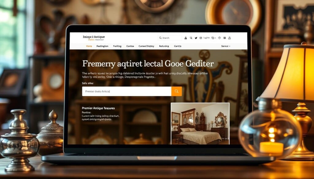 A high-quality, detailed image of the "LocalZ antique dealers directory" for an article on premier antique dealers in the USA. The directory is shown as a sleek, modern web application with a clean, minimalist design. The interface features a prominent search bar, curated dealer listings with images and descriptions, and intuitive navigation tools. The scene is bathed in soft, warm lighting that enhances the vintage aesthetic, creating an inviting atmosphere for users to discover local antique treasures. The composition places the directory interface at the center, with the background blurred to focus attention on the key features. The overall tone is professional, trustworthy, and optimized for a seamless user experience.