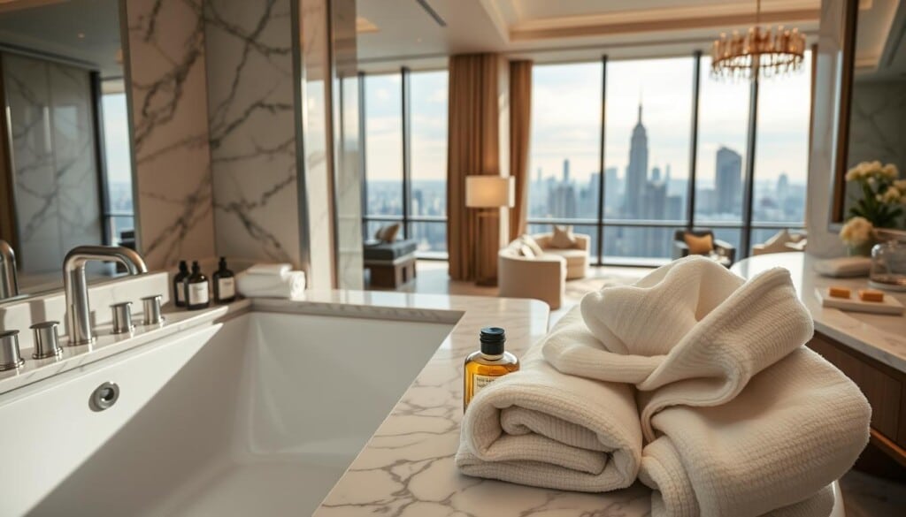 A high-quality, editorial-style image of hotel amenities, showcasing a luxurious marble bathroom with a deep soaking tub and expansive vanity. The foreground features an array of plush towels, scented bath products, and a fluffy bathrobe. The middle ground reveals a large window framing a picturesque city skyline, with soft, diffused lighting filtering through. The background subtly suggests the opulent lobby of the hotel, with hints of elegant furnishings and decor. The overall mood is one of refined sophistication and relaxation, capturing the quintessential experience of indulging in the amenities of a luxury hotel stay.